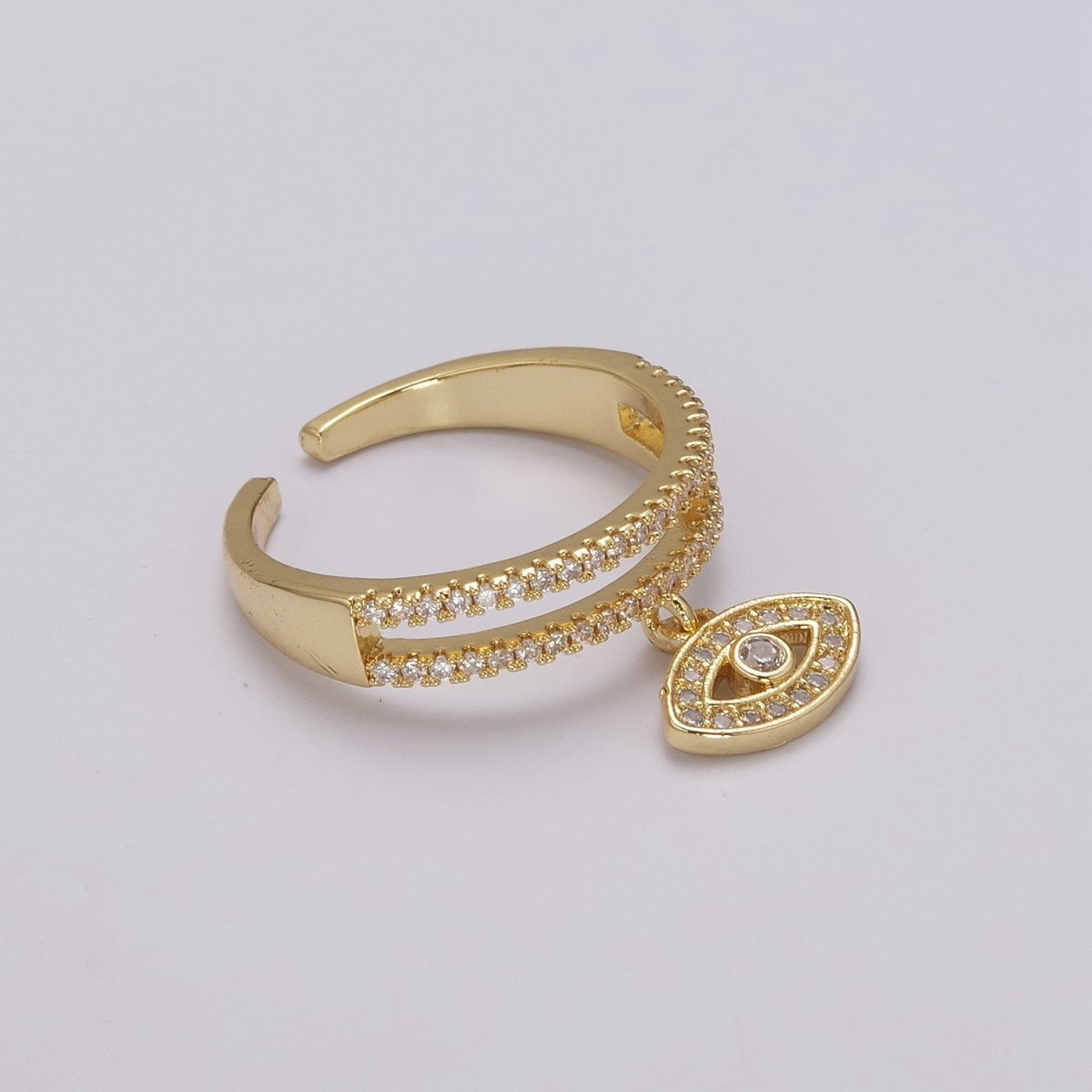 Cute CZ Gold Evil Eye Protection Ring - Stackable Eye Ring - CZ Ring - Dangle Charm Eye Ring - Dainty Stackable Rings - Adjustable Open Ring