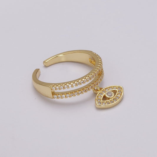 Cute CZ Gold Evil Eye Protection Ring - Stackable Eye Ring - CZ Ring - Dangle Charm Eye Ring - Dainty Stackable Rings - Adjustable Open Ring