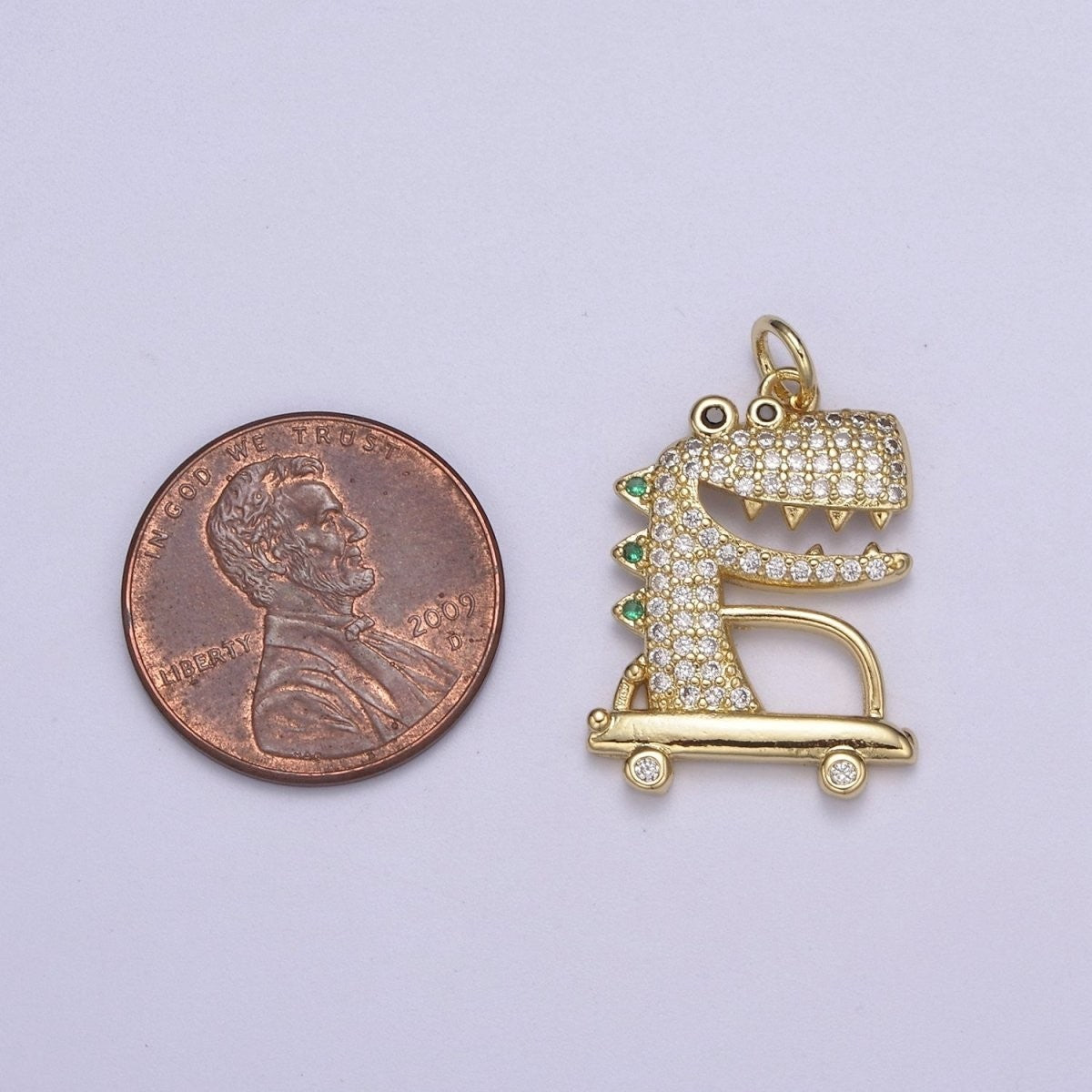 Cute 25mm x 16mm Gold Dinosaur Micro Pave Crocodile Charm Animal Alligator Pendant Charm