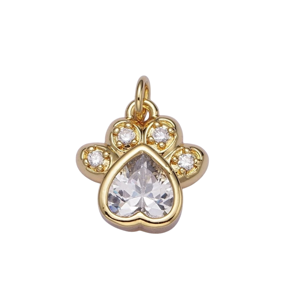 Cute 17mm x 12mm Paw Print Clear Cubic Zirconia Gold Charm