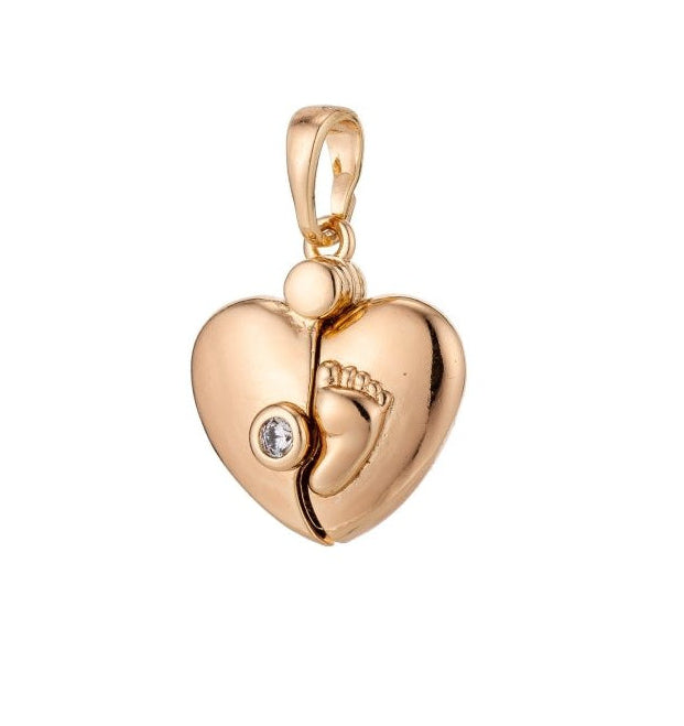 Dainty 18K Gold-Filled 21mm Heart with Baby Footprint Pendant CZ