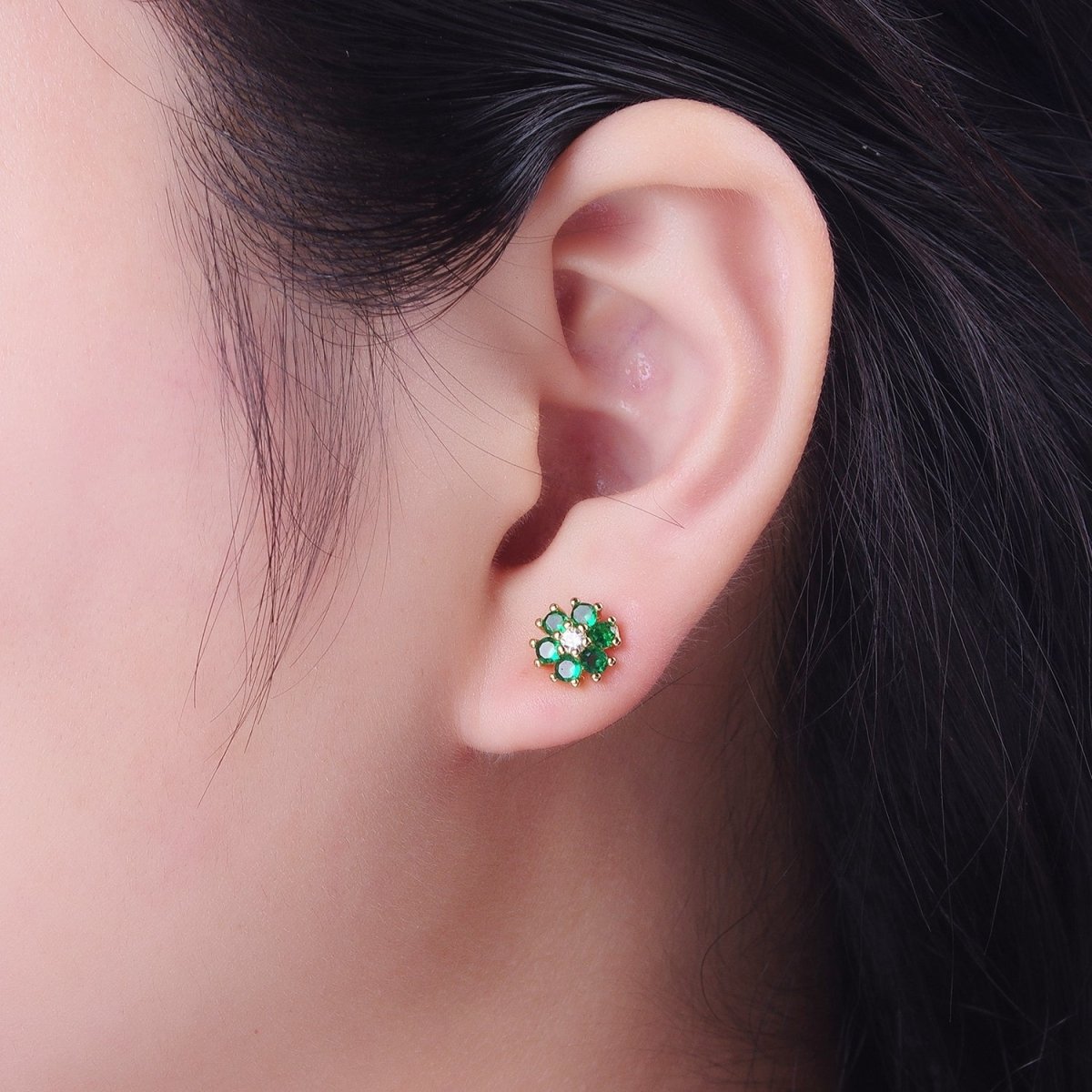 Dainty 24K Gold Filled Emerald Green & Clear Cubic Zirconia Flower Stud Earrings