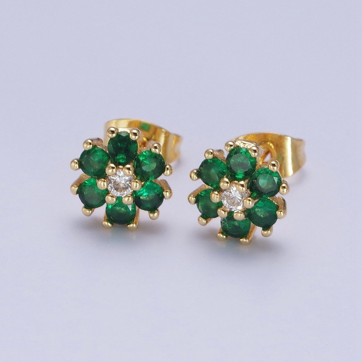 Dainty 24K Gold Filled Emerald Green & Clear Cubic Zirconia Flower Stud Earrings