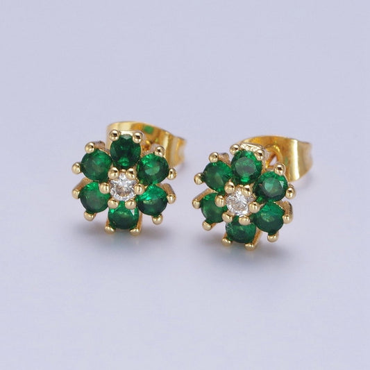 Dainty 24K Gold Filled Emerald Green & Clear Cubic Zirconia Flower Stud Earrings