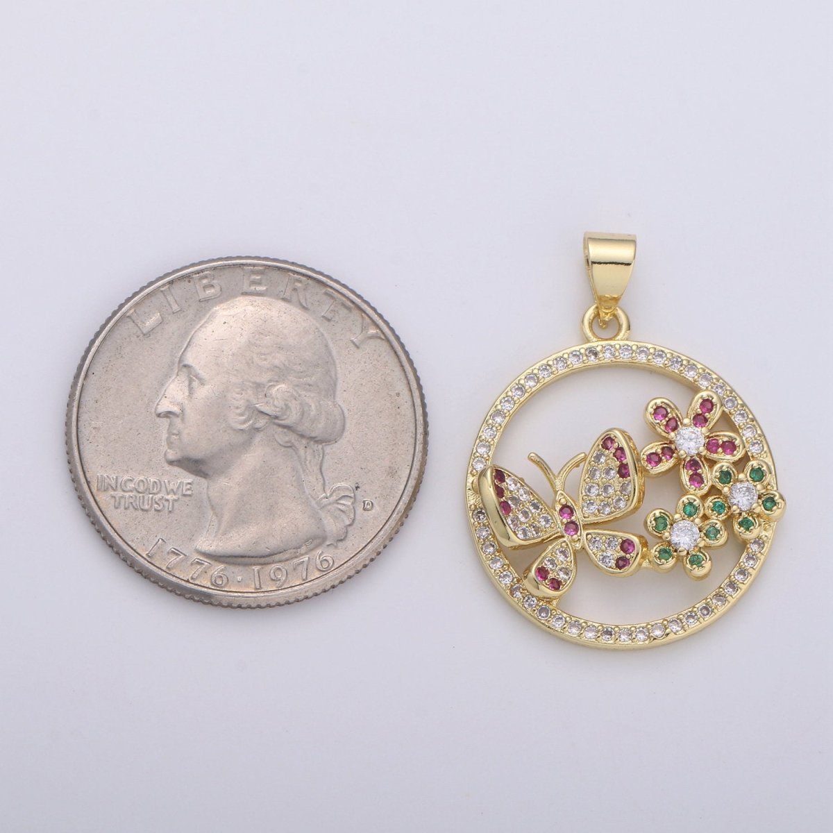 Sweet 24k Gold-Filled 30mm Micro Pave Butterfly Charm Cubic Zirconia Round Circle Pendant Gold Filled