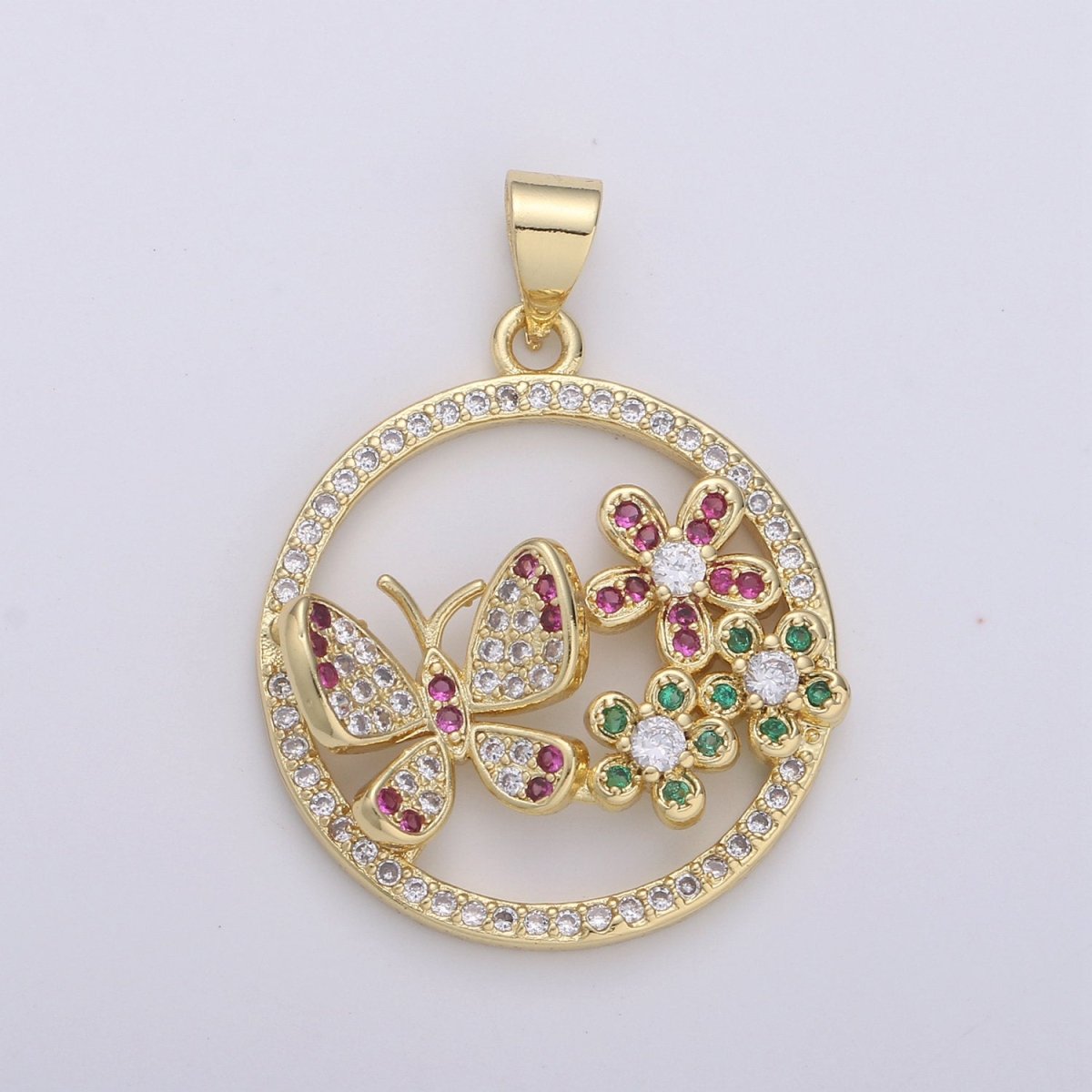 Sweet 24k Gold-Filled 30mm Micro Pave Butterfly Charm Cubic Zirconia Round Circle Pendant Gold Filled
