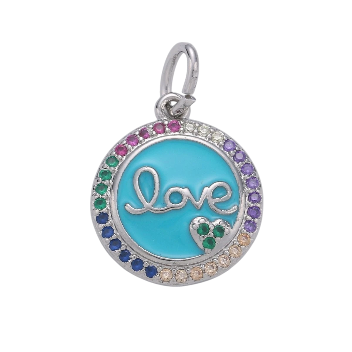 Dainty Blue Love Pendant Enamel Round Disc Charm, Gold Micro Pave Love Charm
