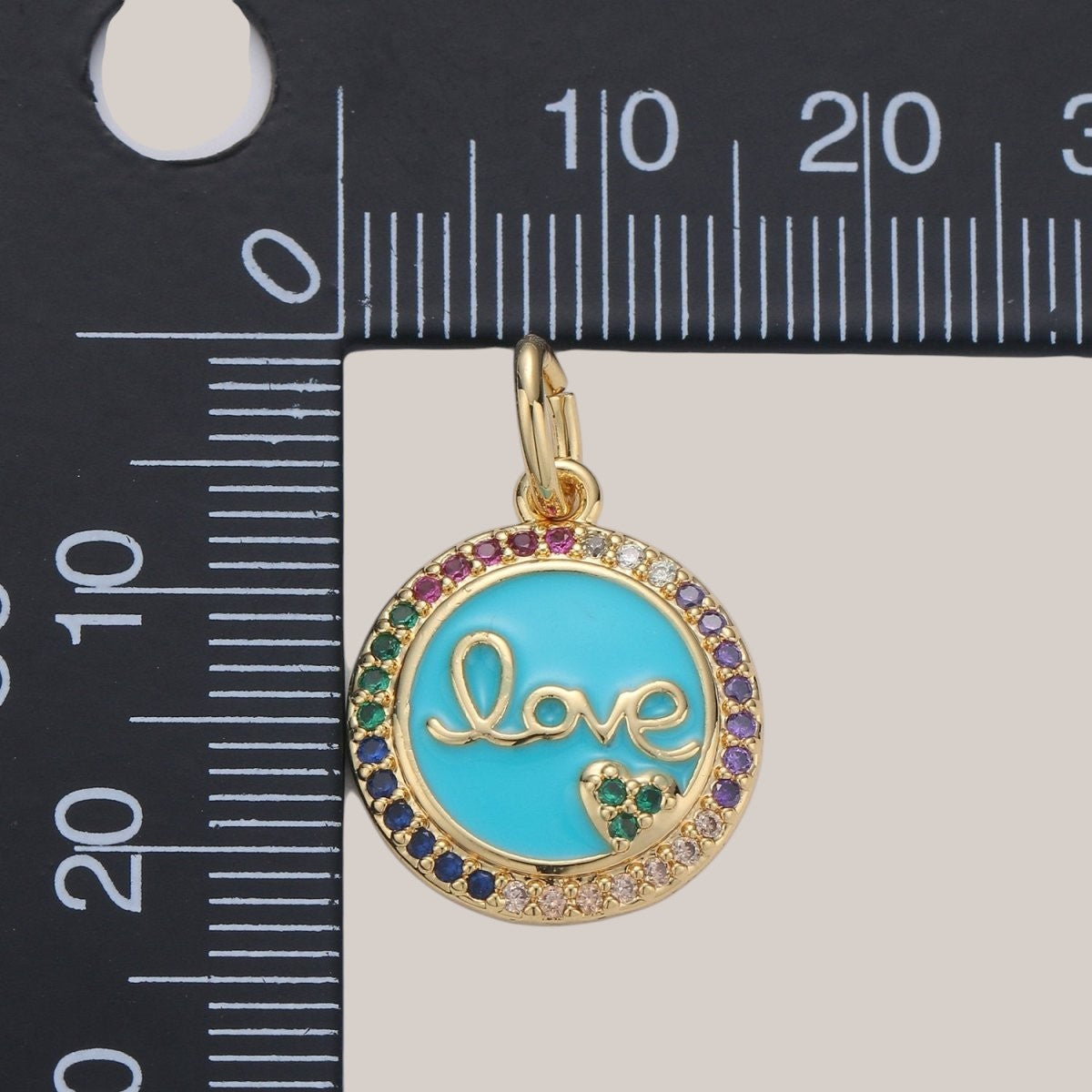 Dainty Blue Love Pendant Enamel Round Disc Charm, Gold Micro Pave Love Charm