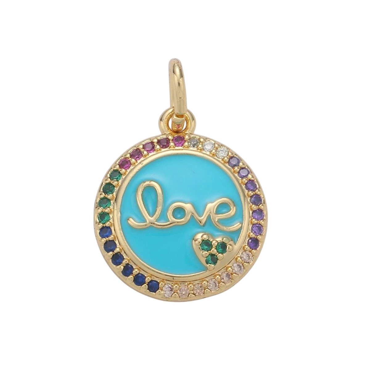 Dainty Blue Love Pendant Enamel Round Disc Charm, Gold Micro Pave Love Charm