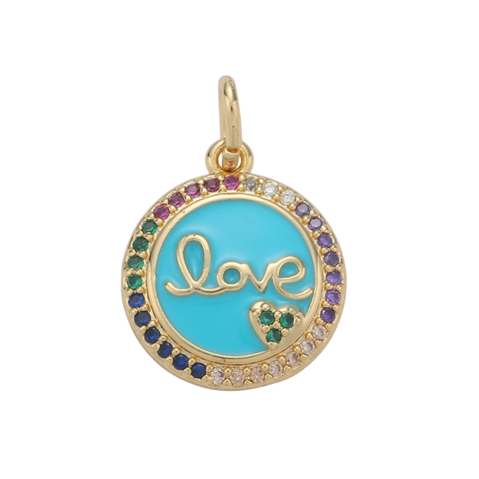 Dainty Blue Love Pendant Enamel Round Disc Charm, Gold Micro Pave Love Charm