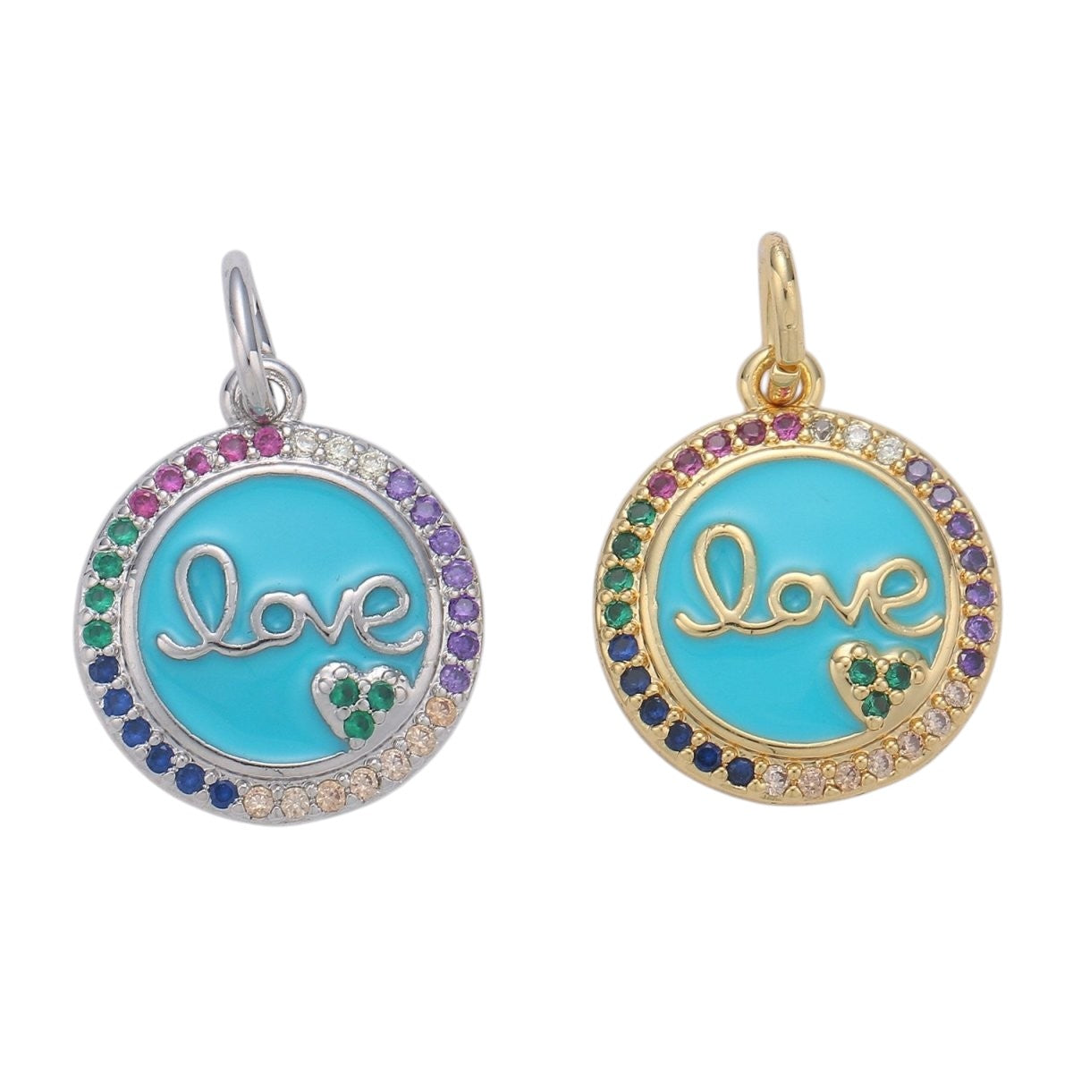 Dainty Blue Love Pendant Enamel Round Disc Charm, Gold Micro Pave Love Charm
