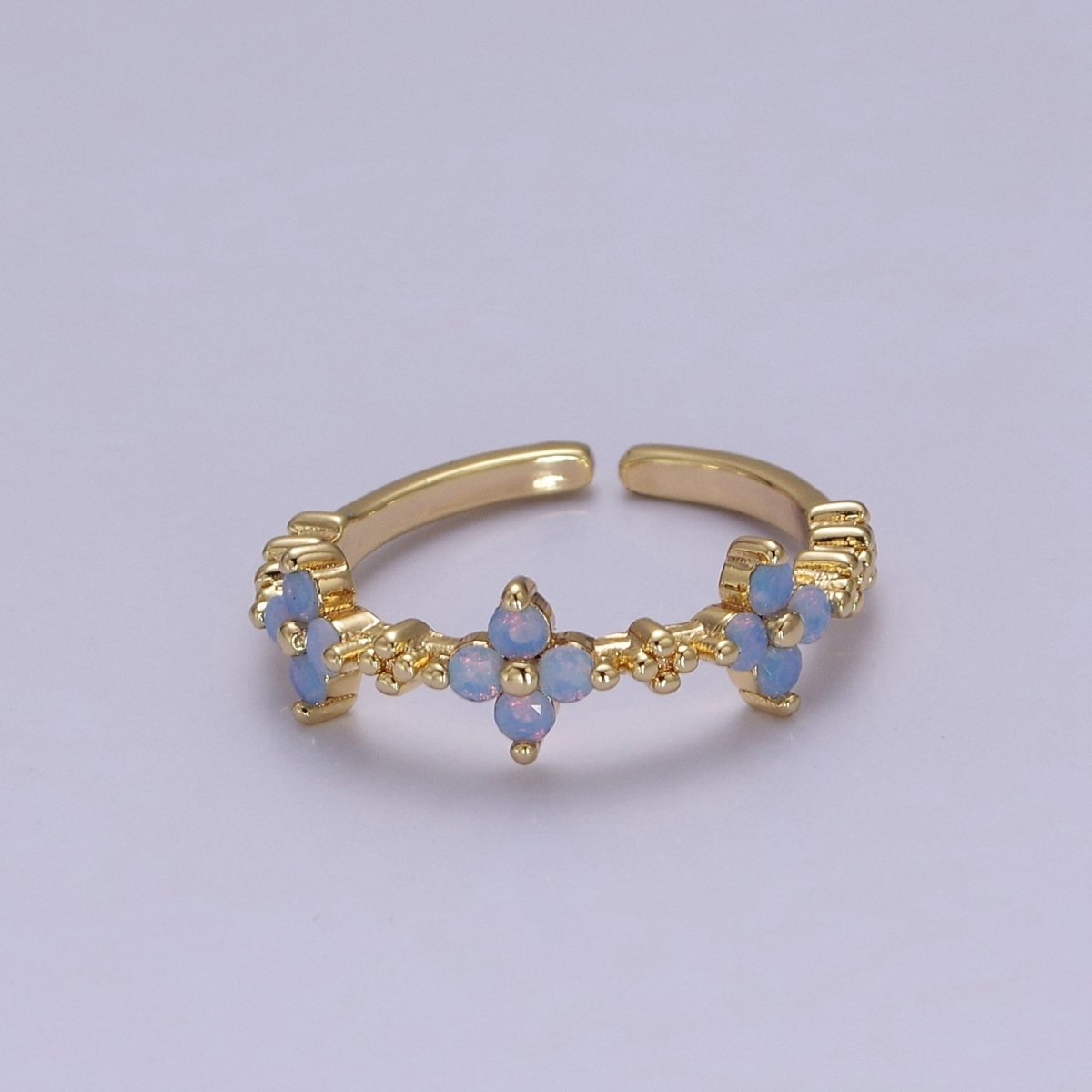 Dainty Blue Opal Flower Ring Open Adjustable Gold Filled Band Ring Minimalist Jewelry