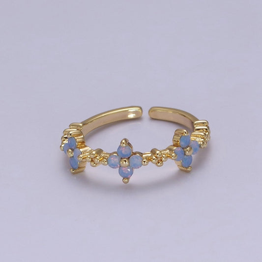 Dainty Blue Opal Flower Ring Open Adjustable Gold Filled Band Ring Minimalist Jewelry