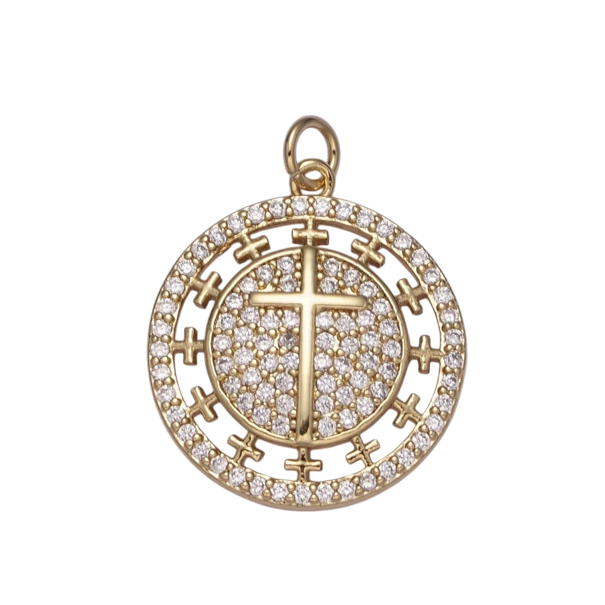 Dainty 27mm x 21mm Cubic Cross Round Coin Medallion Pendant Gold Charms Religious