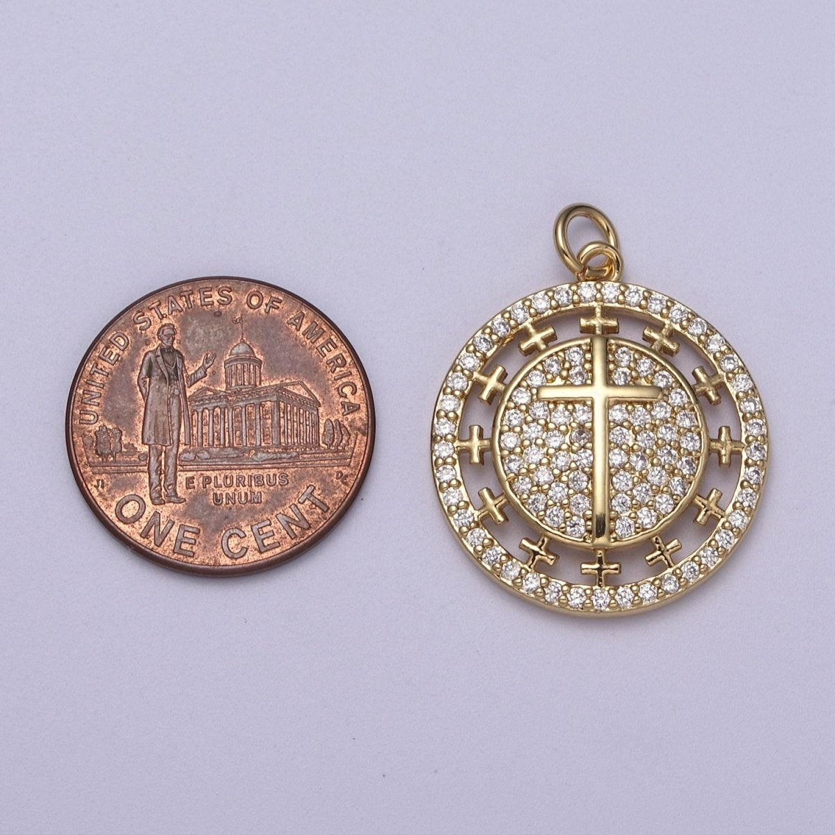 Dainty 27mm x 21mm Cubic Cross Round Coin Medallion Pendant Gold Charms Religious