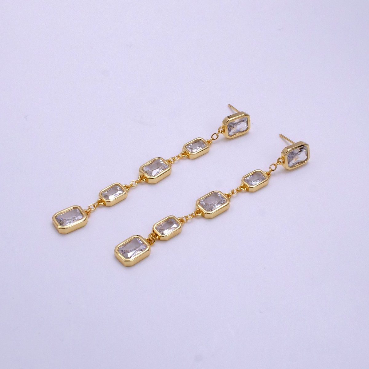 Trendy Long CZ Bezel Emerald Cut Moissanite Drop Dangle Earrings 16K Gold Filled