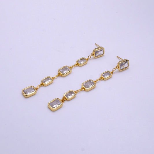 Trendy Long CZ Bezel Emerald Cut Moissanite Drop Dangle Earrings 16K Gold Filled
