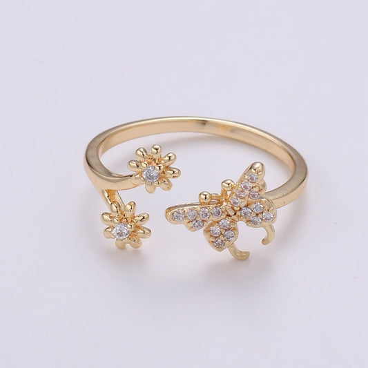 Dainty Elegant Butterfly and Flower 18K Gold Filled Adjustable Ring