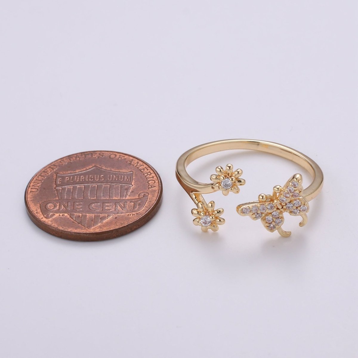 Dainty Elegant Butterfly and Flower 18K Gold Filled Adjustable Ring