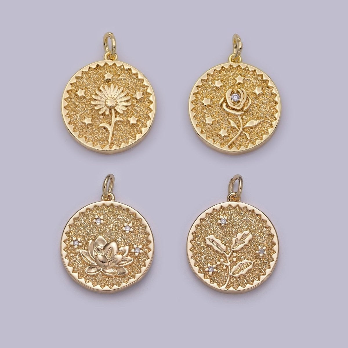 Dainty Floral Collection Sunflower, Rose, Holly Flower, Cherry Blossom, Lotus Charm 18K Gold Filled Medallion