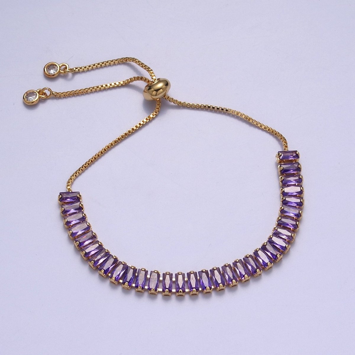 Dainty Gold Adjustable Baguette Bolo Bracelet CZ Tennis Bracelet in Blue, Black, Pink, Green, Purple and Rainbow