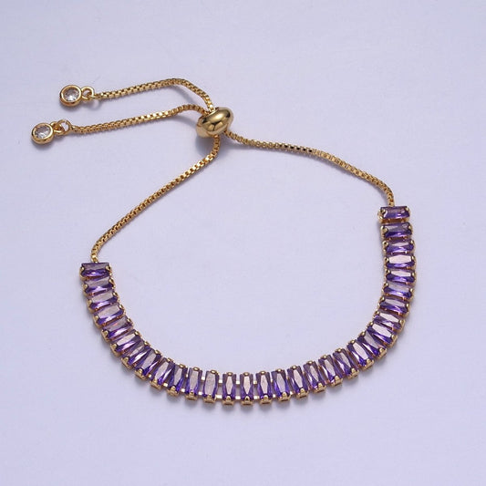 Dainty Gold Adjustable Baguette Bolo Bracelet CZ Tennis Bracelet in Blue, Black, Pink, Green, Purple and Rainbow