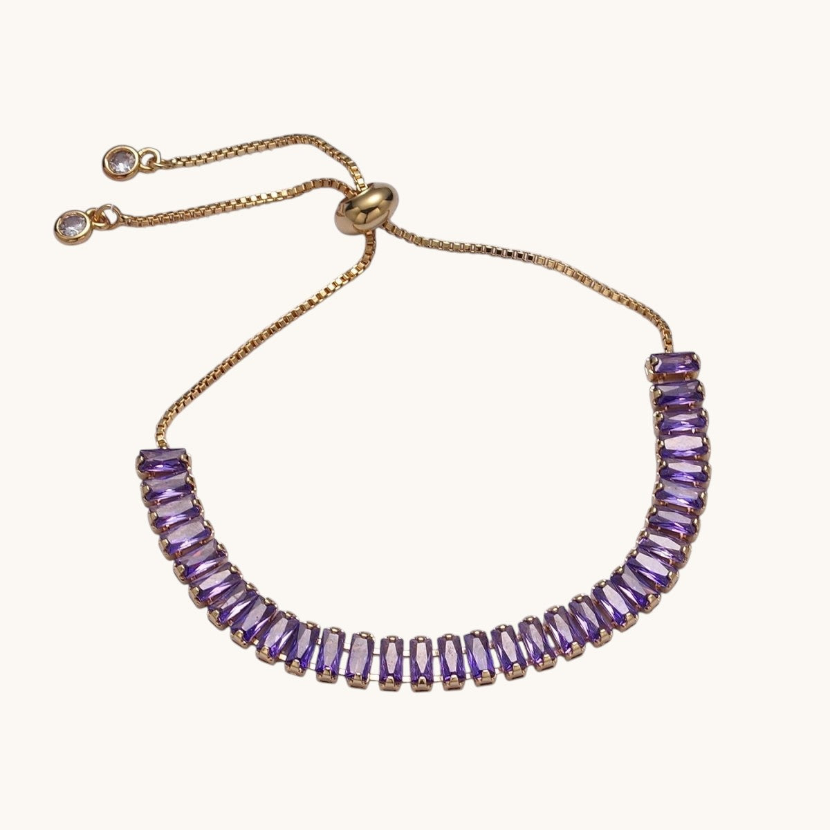Dainty Gold Adjustable Baguette Bolo Bracelet CZ Tennis Bracelet in Blue, Black, Pink, Green, Purple and Rainbow