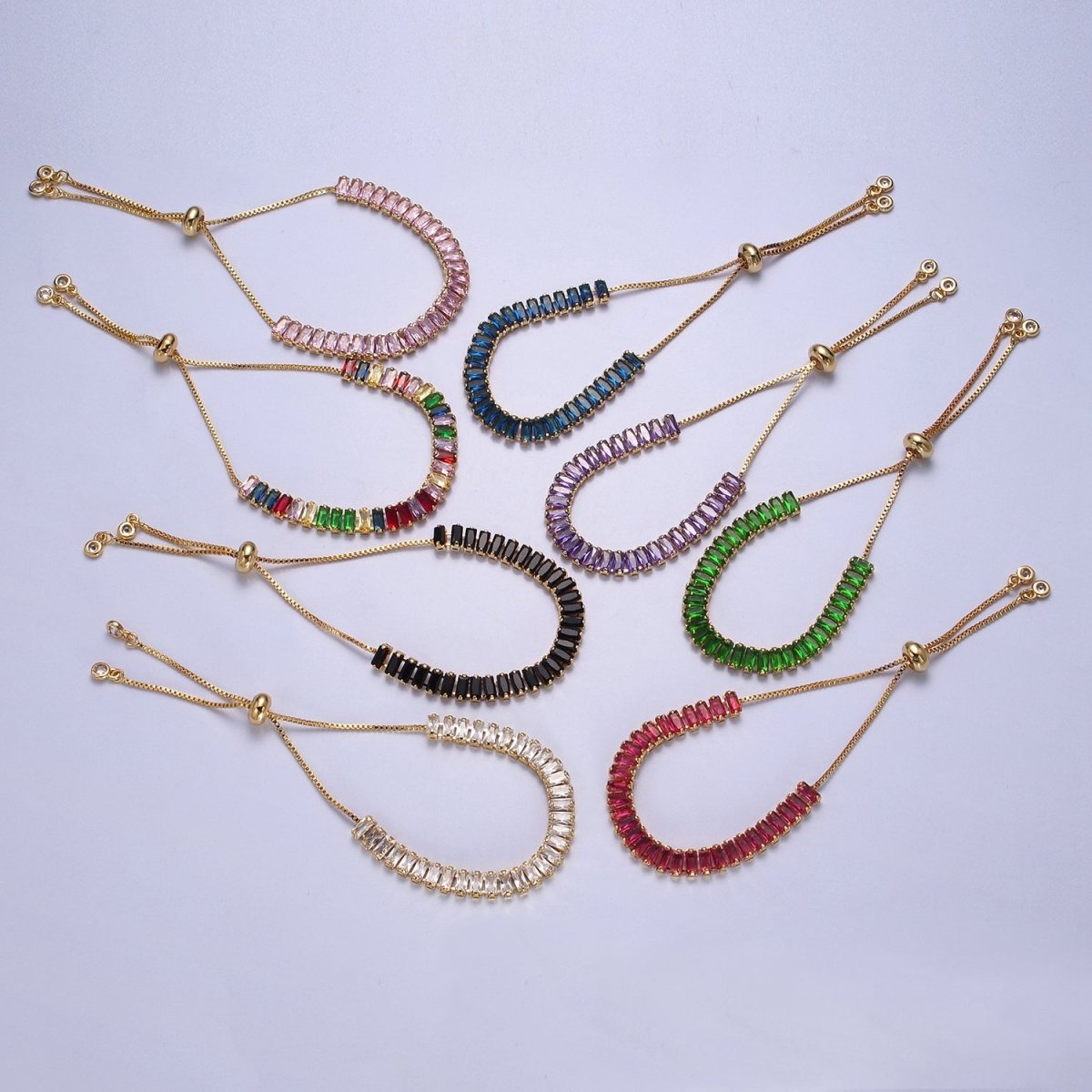 Dainty Gold Adjustable Baguette Bolo Bracelet CZ Tennis Bracelet in Blue, Black, Pink, Green, Purple and Rainbow