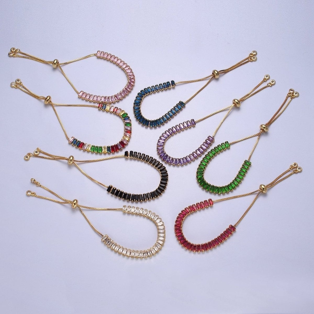 Dainty Gold Adjustable Baguette Bolo Bracelet CZ Tennis Bracelet in Blue, Black, Pink, Green, Purple and Rainbow