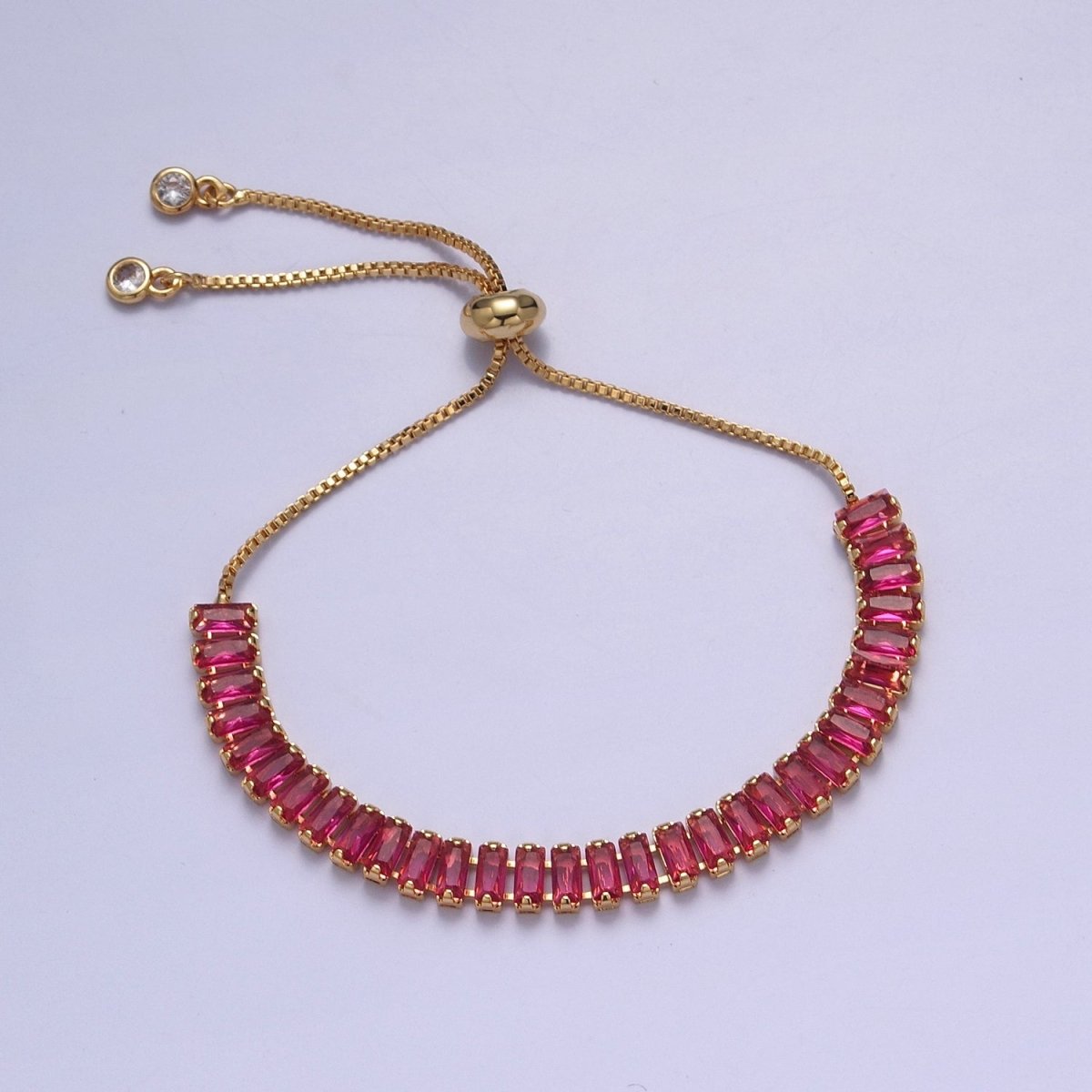 Dainty Gold Adjustable Baguette Bolo Bracelet CZ Tennis Bracelet in Blue, Black, Pink, Green, Purple and Rainbow
