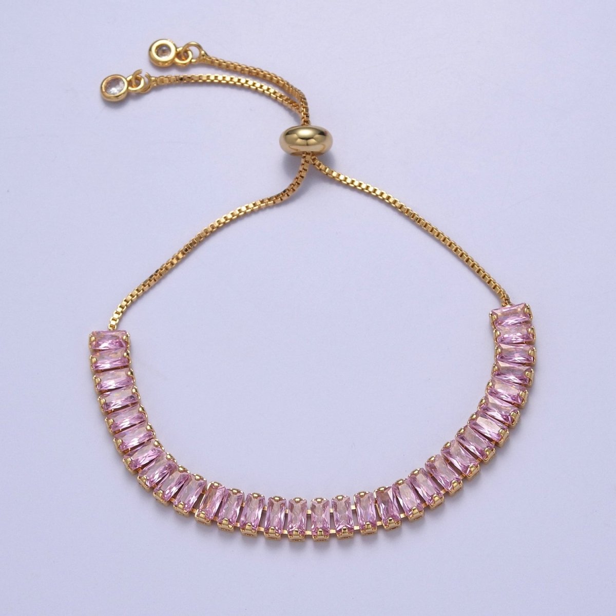 Dainty Gold Adjustable Baguette Bolo Bracelet CZ Tennis Bracelet in Blue, Black, Pink, Green, Purple and Rainbow