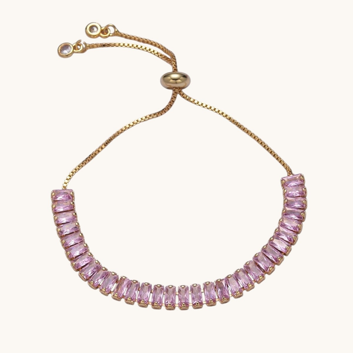 Dainty Gold Adjustable Baguette Bolo Bracelet CZ Tennis Bracelet in Blue, Black, Pink, Green, Purple and Rainbow