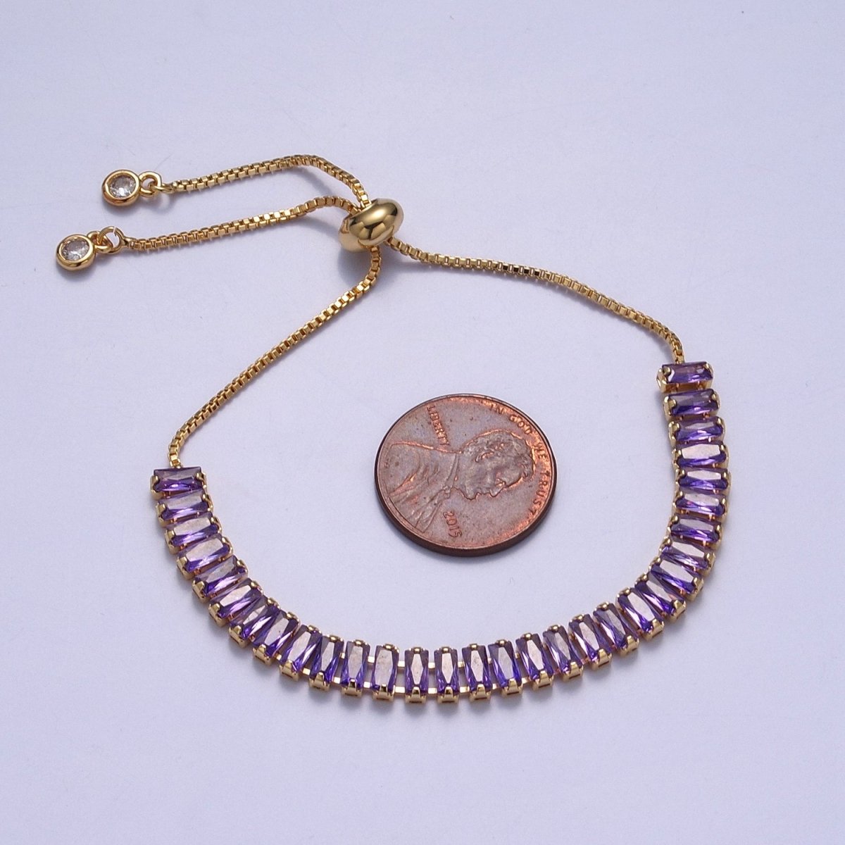 Dainty Gold Adjustable Baguette Bolo Bracelet CZ Tennis Bracelet in Blue, Black, Pink, Green, Purple and Rainbow