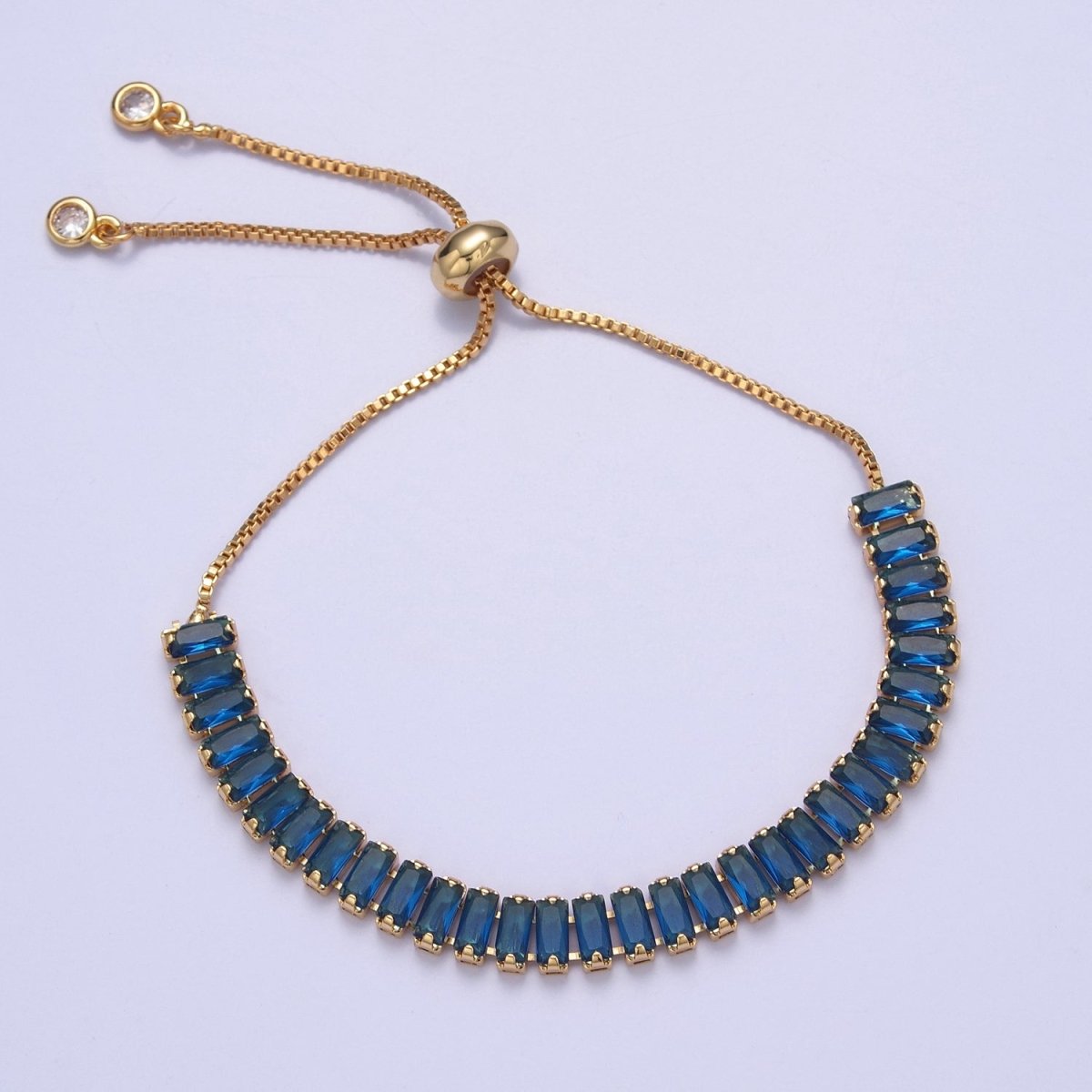 Dainty Gold Adjustable Baguette Bolo Bracelet CZ Tennis Bracelet in Blue, Black, Pink, Green, Purple and Rainbow