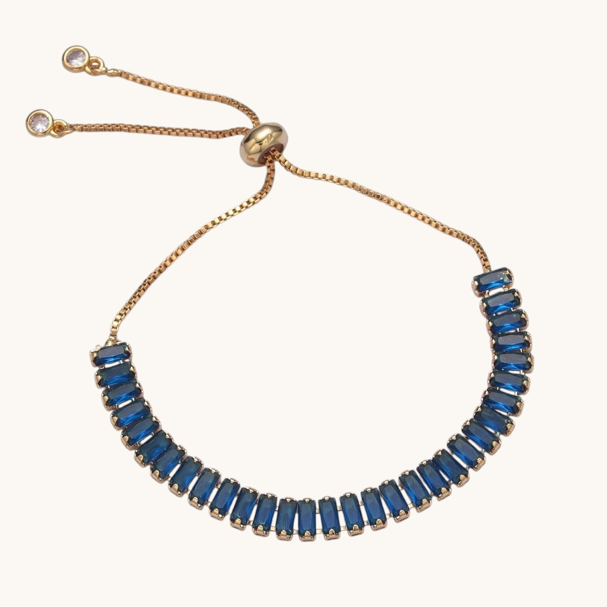 Dainty Gold Adjustable Baguette Bolo Bracelet CZ Tennis Bracelet in Blue, Black, Pink, Green, Purple and Rainbow