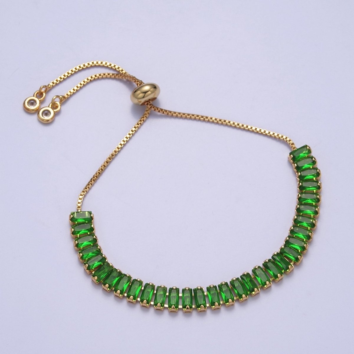 Dainty Gold Adjustable Baguette Bolo Bracelet CZ Tennis Bracelet in Blue, Black, Pink, Green, Purple and Rainbow