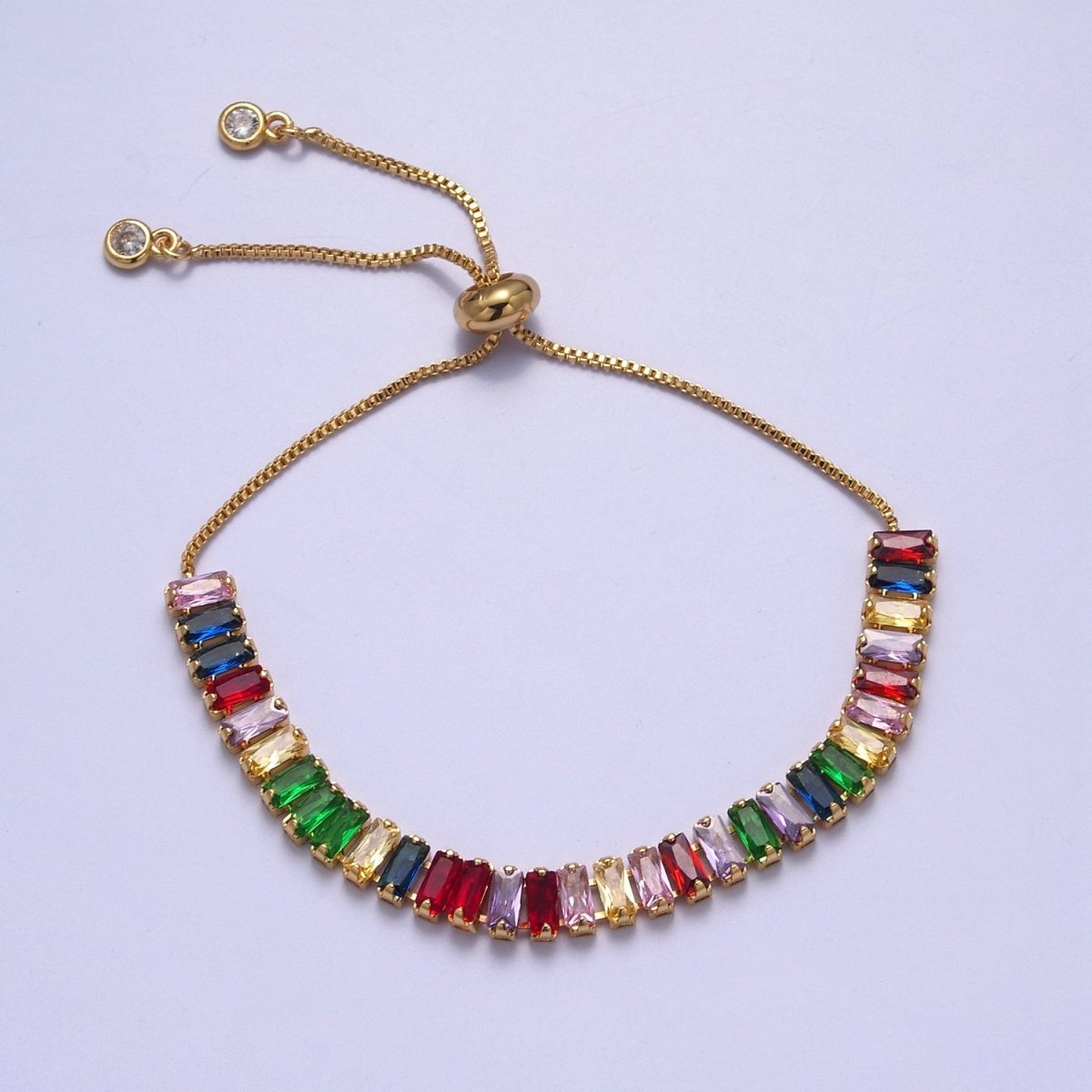Dainty Gold Adjustable Baguette Bolo Bracelet CZ Tennis Bracelet in Blue, Black, Pink, Green, Purple and Rainbow