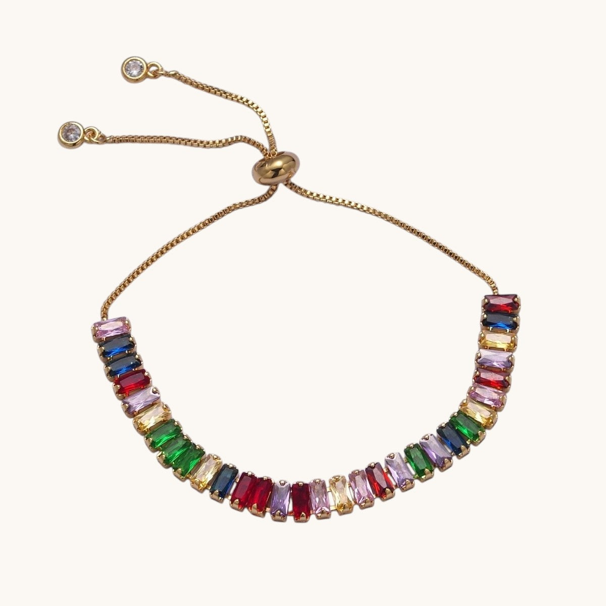 Dainty Gold Adjustable Baguette Bolo Bracelet CZ Tennis Bracelet in Blue, Black, Pink, Green, Purple and Rainbow
