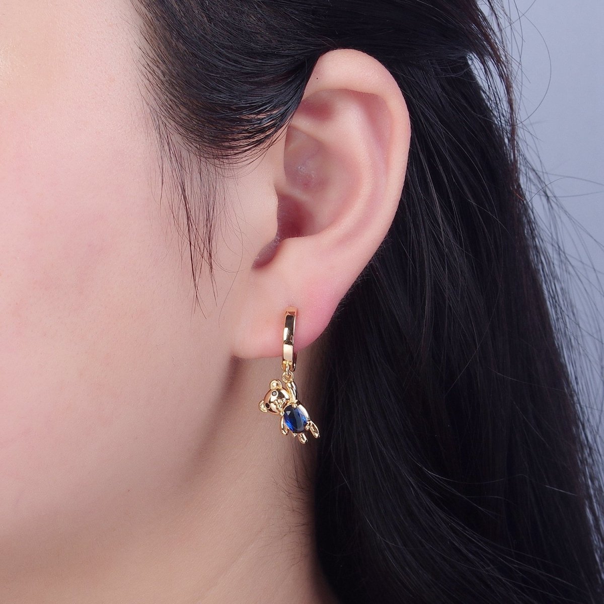 Dainty Gold Filled Huggie Earrings with Teddy Bear Charm