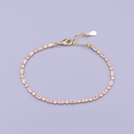 Dainty Gold Filled Tennis Bracelet Emerald Mix Baguette Round Clear Pink Green Cubic Zirconia Link Tennis Bracelet Minimalist Jewelry