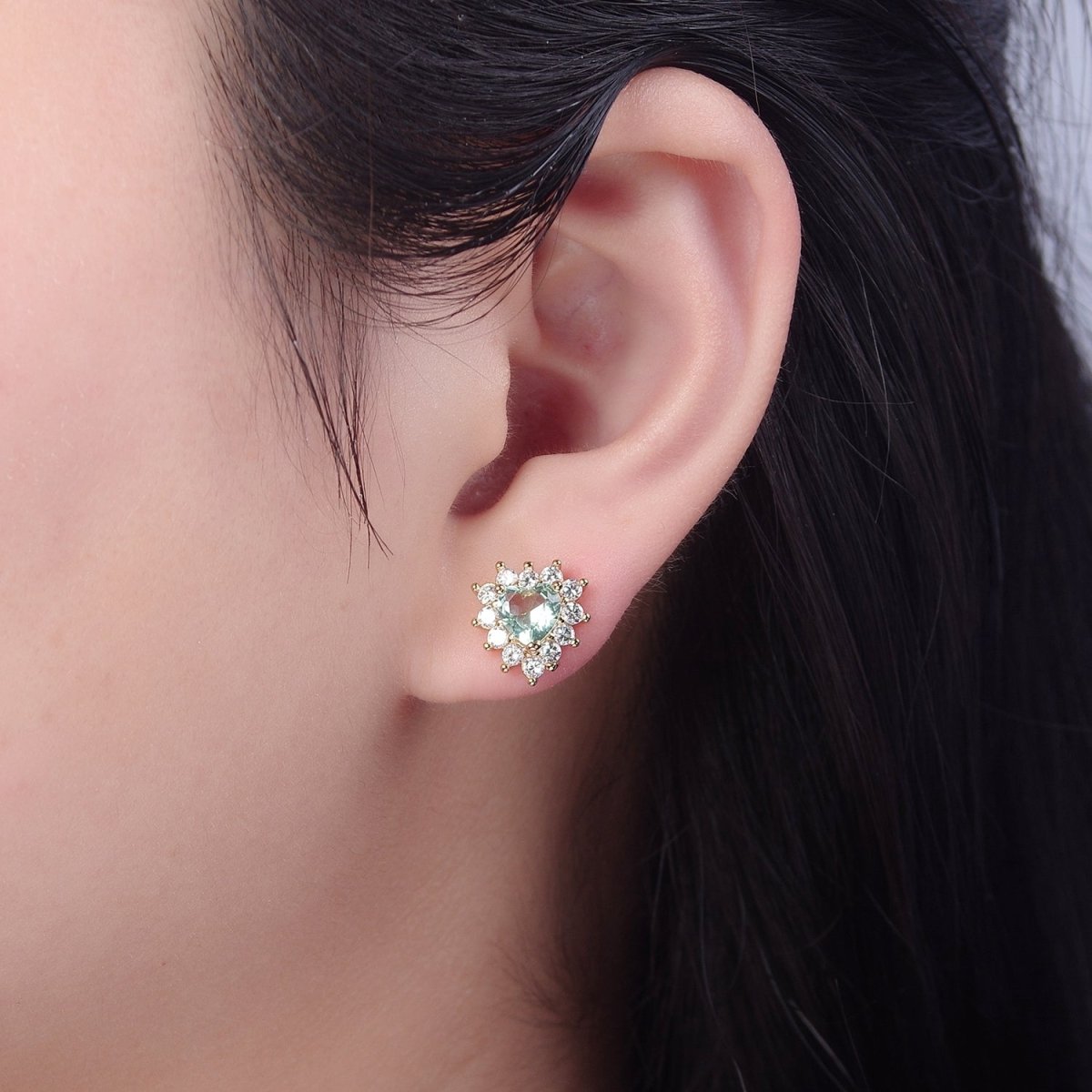 Dainty Gold Heart Stud Earrings Aqua CZ Minimalist Delicate Earring 18K Gold Filled