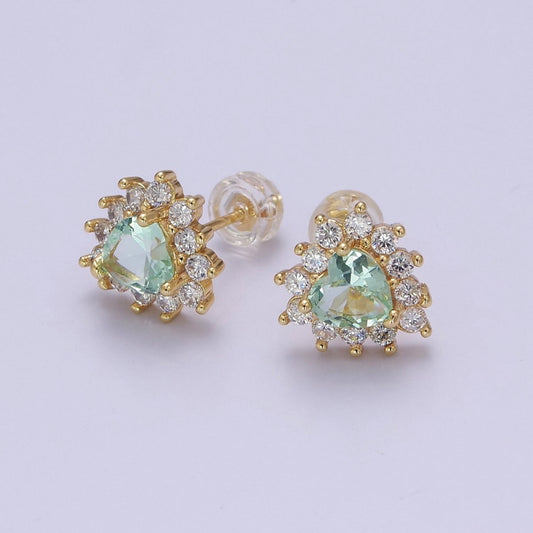 Dainty Gold Heart Stud Earrings Aqua CZ Minimalist Delicate Earring 18K Gold Filled