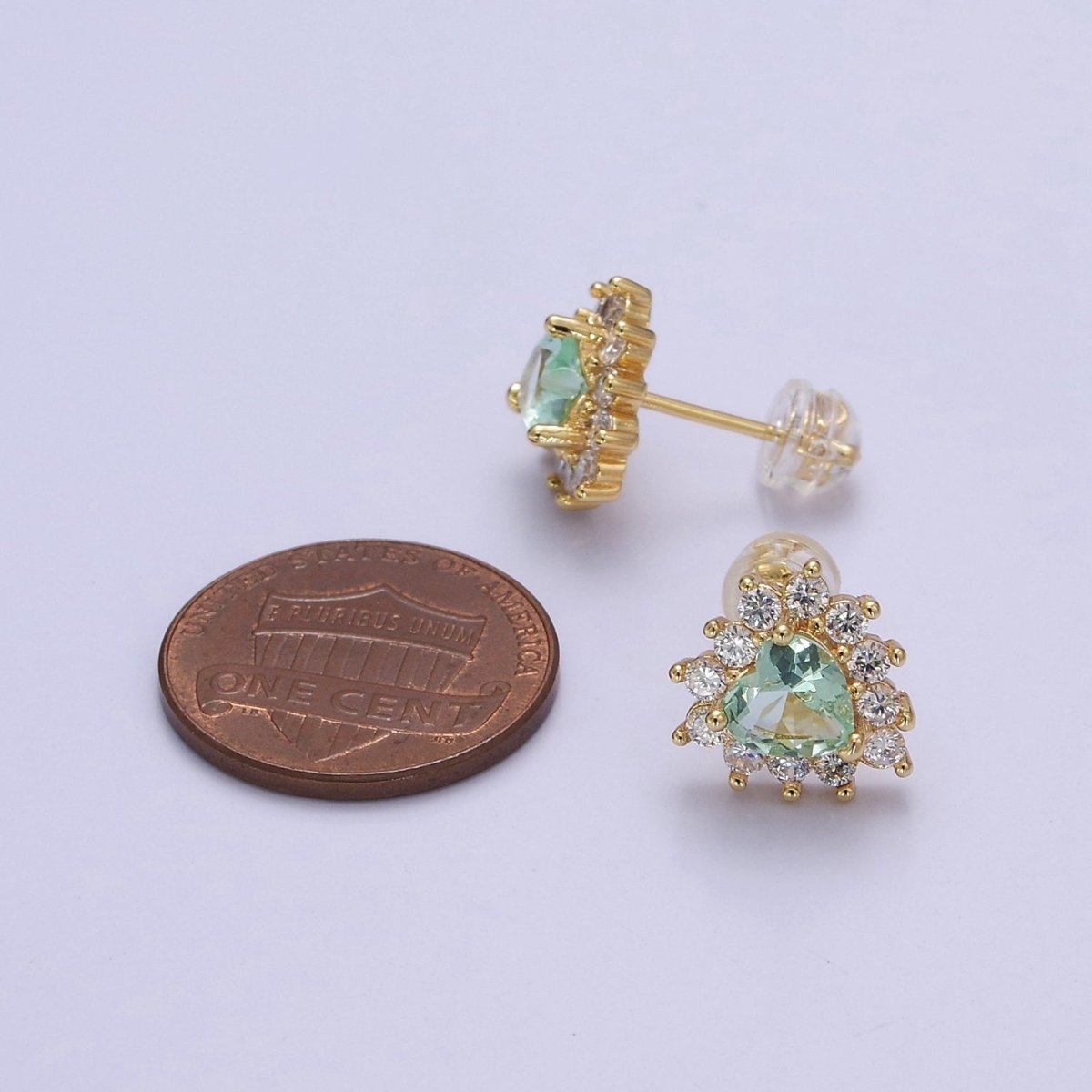 Dainty Gold Heart Stud Earrings Aqua CZ Minimalist Delicate Earring 18K Gold Filled