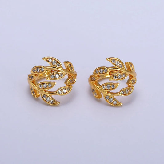 Dainty Gold Laurel Leaves Hoop Earrings CZ Olive Leaf Huggie Earrings Modern Earrings