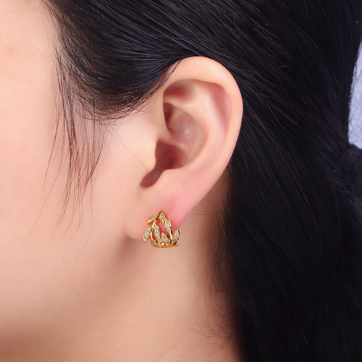 Dainty Gold Laurel Leaves Hoop Earrings CZ Olive Leaf Huggie Earrings Modern Earrings