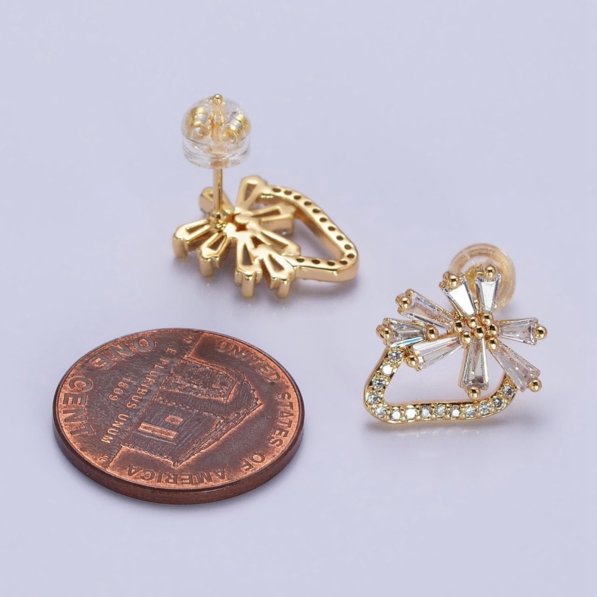 Dainty Gold Strawberry Stud Earrings with Baguette CZ Micro Pave Earrings