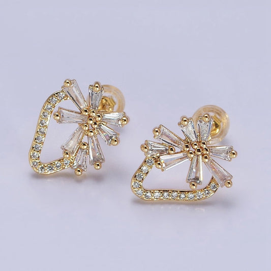 Dainty Gold Strawberry Stud Earrings with Baguette CZ Micro Pave Earrings