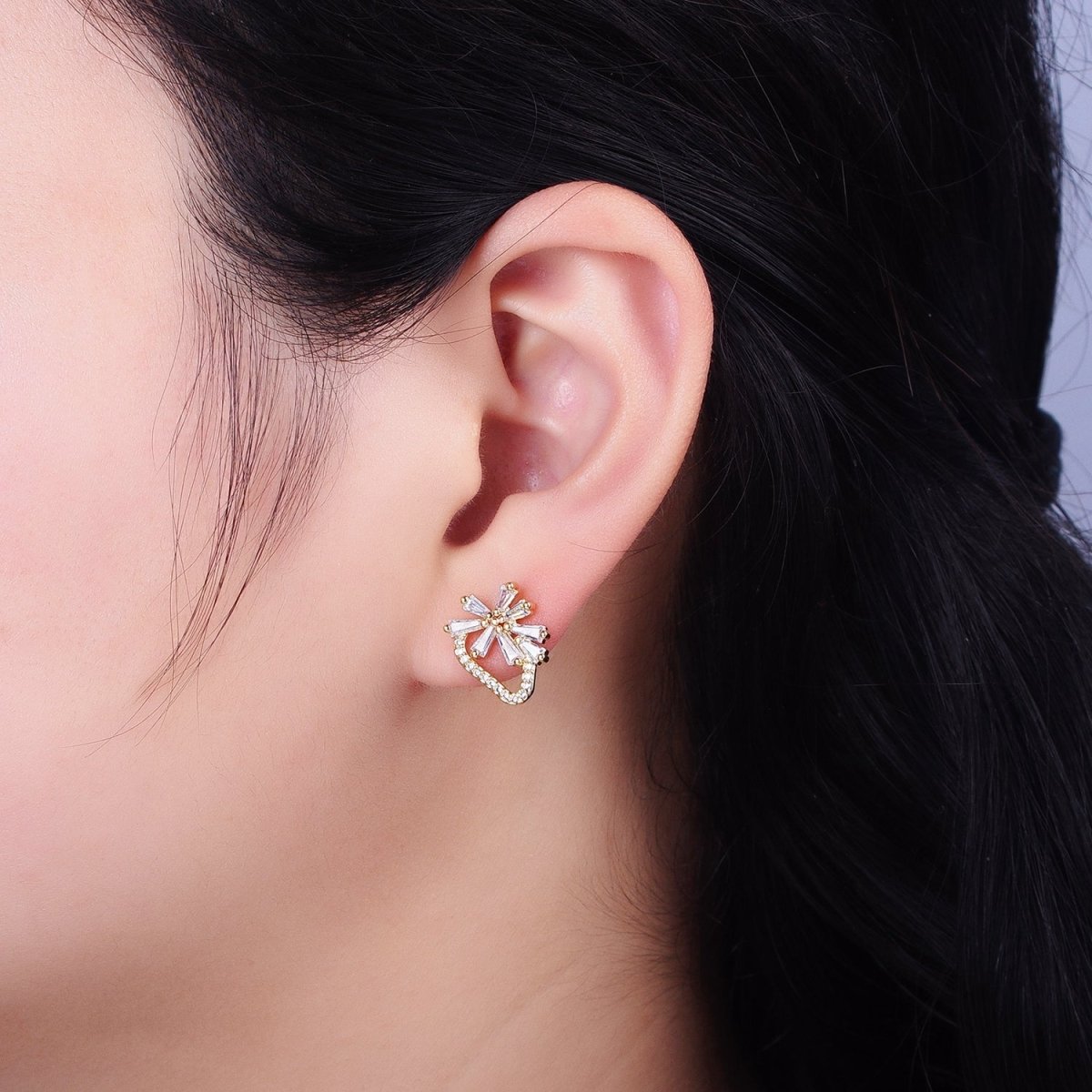 Dainty Gold Strawberry Stud Earrings with Baguette CZ Micro Pave Earrings