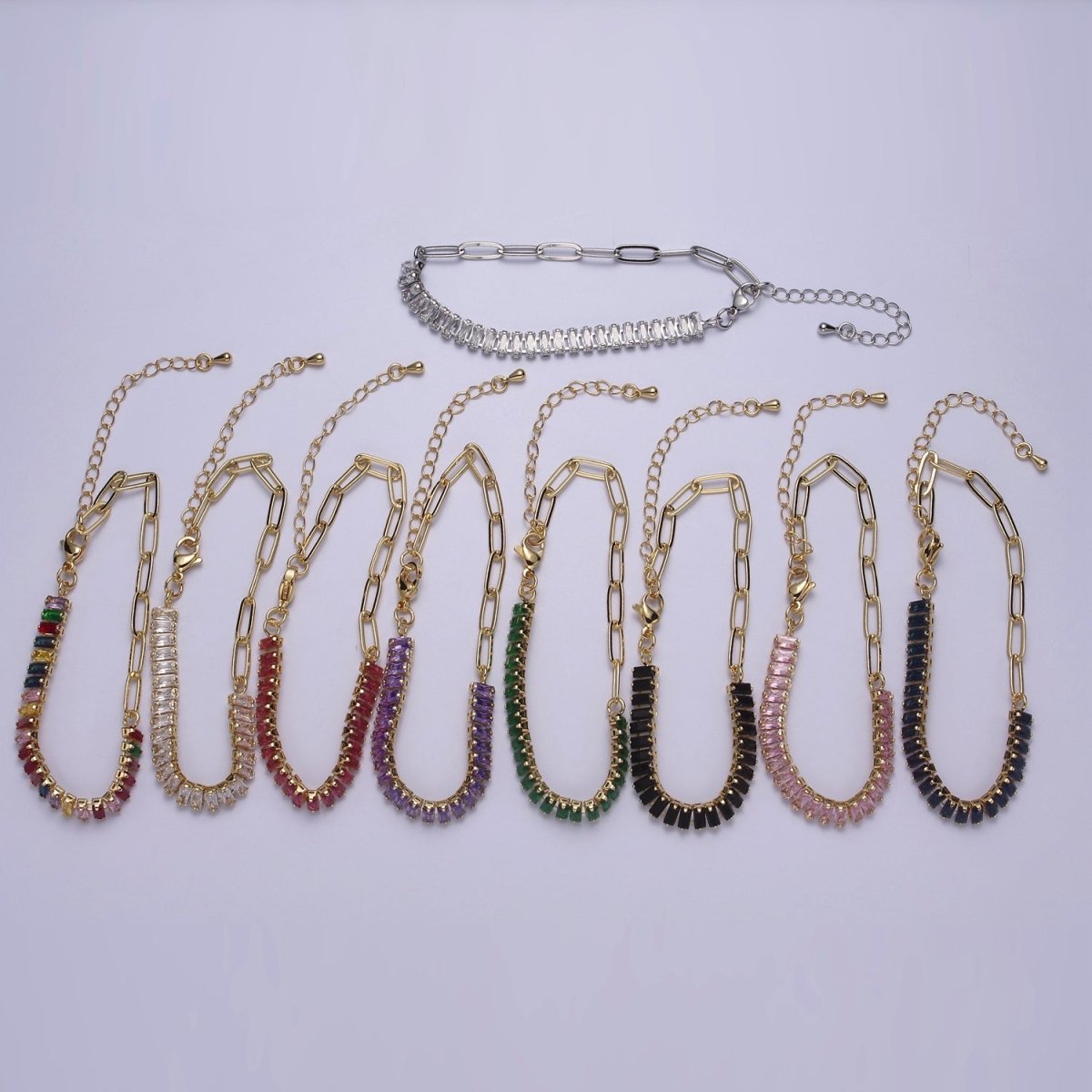 Dainty Half Baguette Tennis Half Paperclip Bracelet Gold Filled Tennis Bracelet