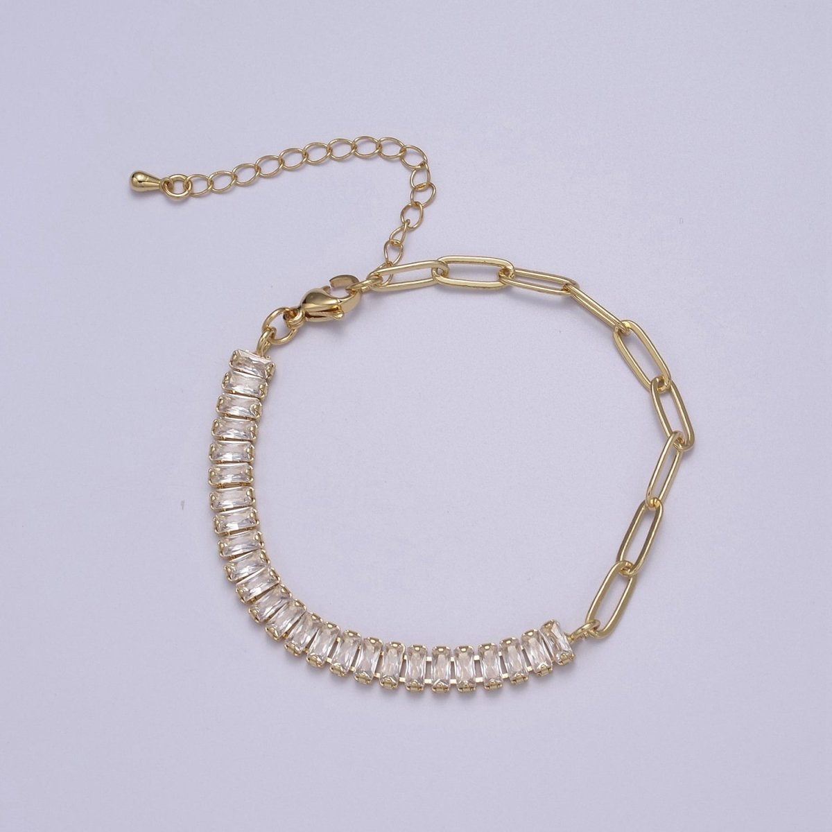 Dainty Half Baguette Tennis Half Paperclip Bracelet Gold Filled Tennis Bracelet